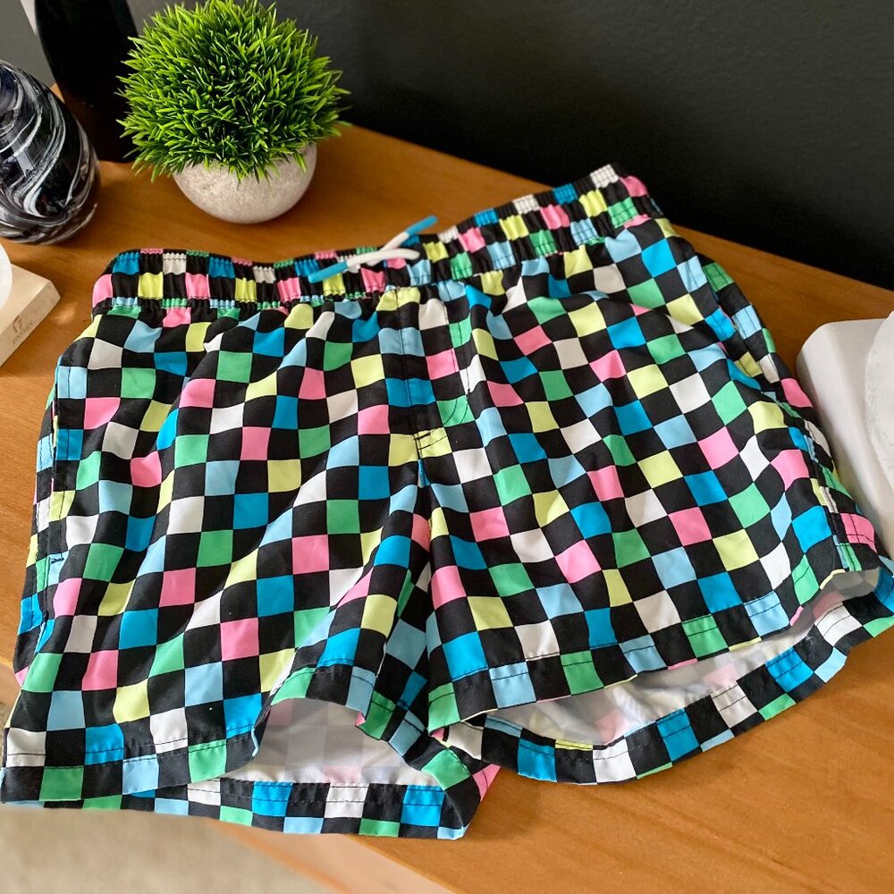 Teen Checkered Swim Shorts, 90s Retro Style, Lined Bathing Suit Shorts, Age 14